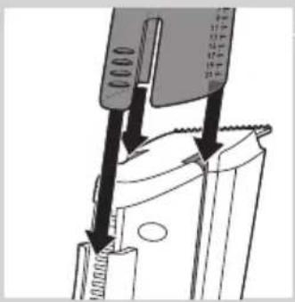 Technical diagram showing mechanical assembly with labeled parts and directional arrows indicating motion or force