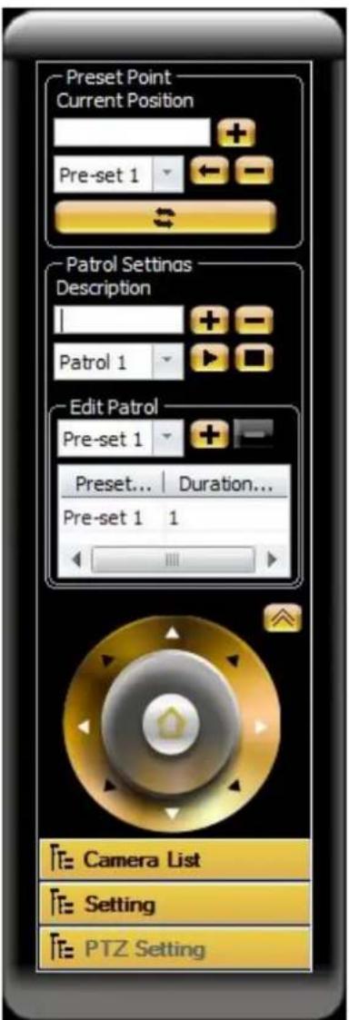 Preset Point Current Position Pre-set 1 Patrol Settings Description Patrol 1 Edit Patrol Pre-set 1 Preset... | Duration... Pre-set 1 1 Camera List Setting PTZ Setting
