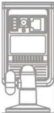 Line drawing of a vintage computer monitor mounted on a stand (no text or symbols)