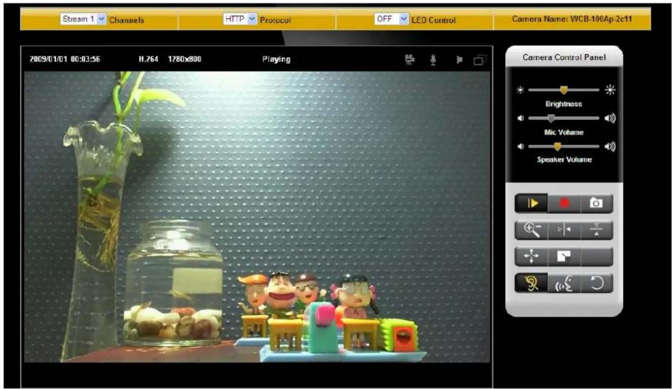 Stream 1 Channels HTTP Protocol OFF LED Control Camera Name: WCB-106Ap-2c11 2009/01/01 00:03:56 H.264 1280x800 Playing Camera Control Panel Brightness Mic Volume Speaker Volume
