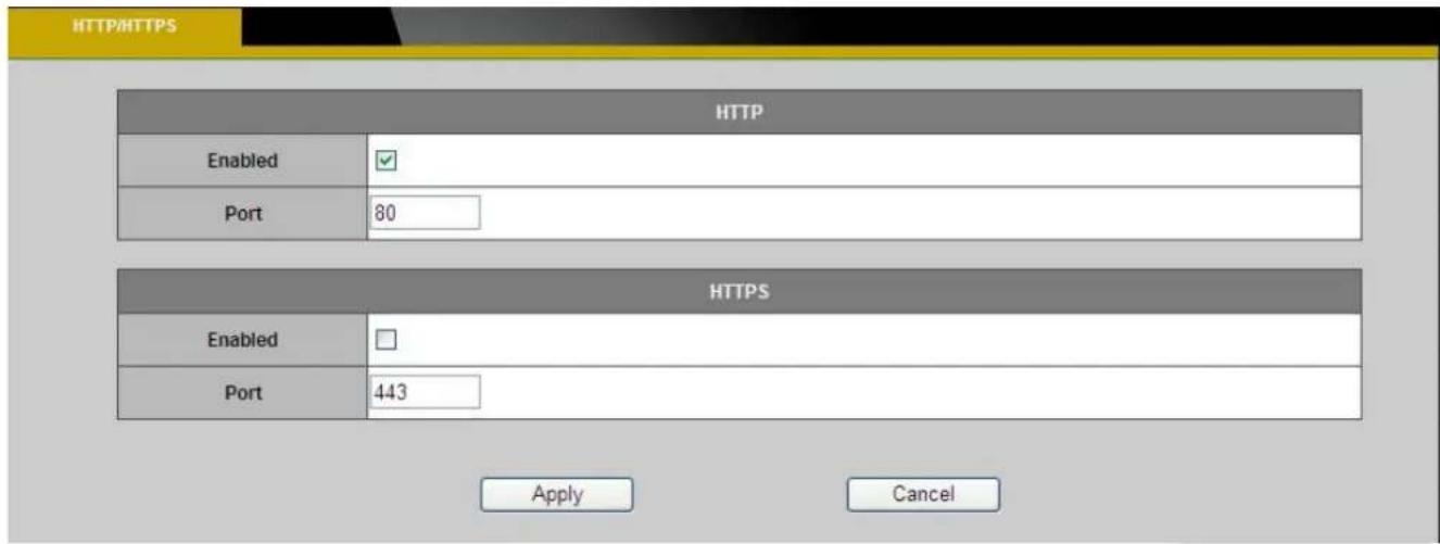 HTTP Enabled Port 80 HTTPS Enabled Port 443 Apply Cancel