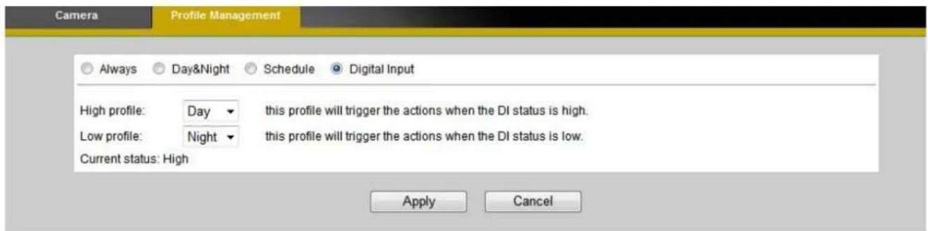 Camera Profile Management Always Day&Night Schedule Digital Input High profile: Day this profile will trigger the actions when the DI status is high. Low profile: Night this profile will trigger the actions when the DI status is low. Current status: High Apply Cancel