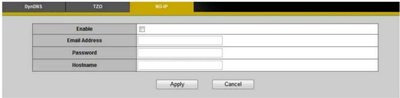 DynDNS TZO NO-IP Enable Email Address Password Hostname Apply Cancel