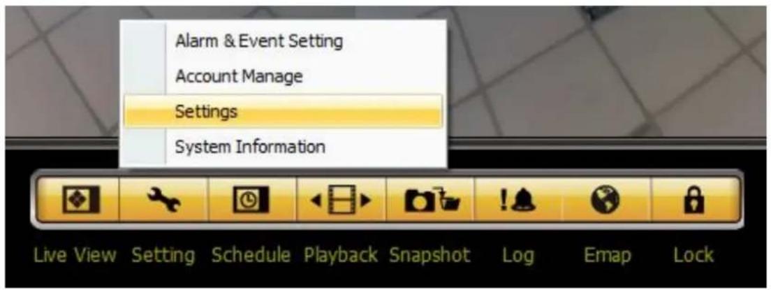 Alarm & Event Setting Account Manage Settings System Information Live View Setting Schedule Playback Snapshot Log Emap Lock