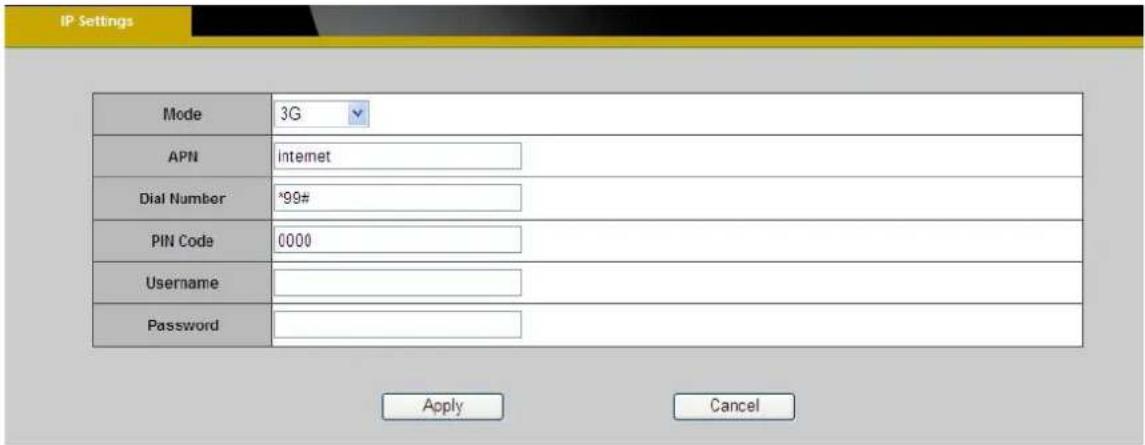 IP Settings Mode 3G APN internet Dial Number *99# PIN Code 0000 Username Password Apply Cancel