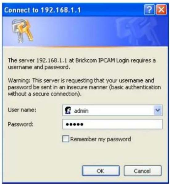 Connect to 192.168.1.1 The server 192.168.1.1 at Brickcom IPCAM Login requires a username and password. Warning: This server is requesting that your username and password be sent in an insecure manner (basic authentication without a secure connection). User name: admin Password: •••••• Remember my p…