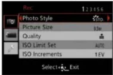 Rec 123456 Photo Style STO Picture Size 8.5m Quality ISO Limit Set AUTO ISO Increments 1 EV Select Exit