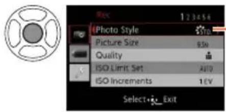 Rec 123454 Photo Style STD Picture Size 950 Quality ISO Limit Set AUTO ISO Increments 1 EV Select Exit