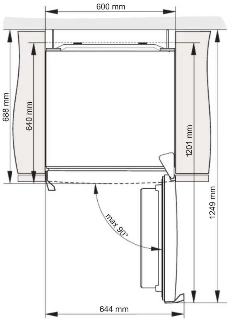 600 mm 688 mm 640 mm 1201 mm 1249 mm max 90° 644 mm