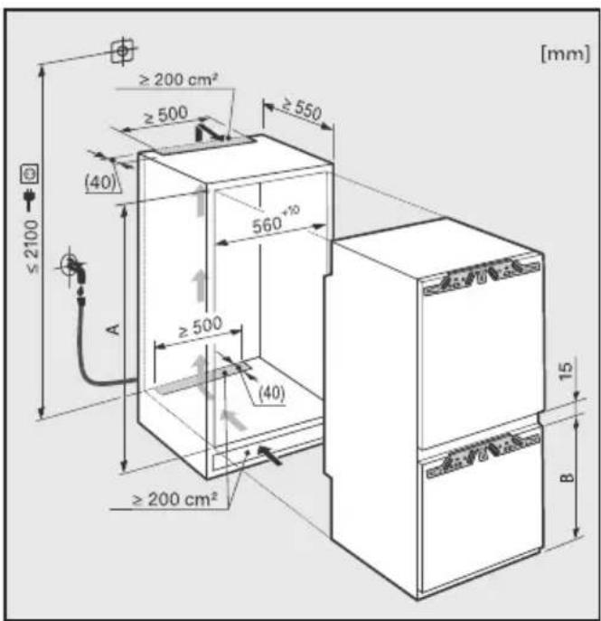 ≥200 cm² ≥500 ≥550 (40) 560⁺¹⁰ ≥500 (40) ≥200 cm² ≤2100 A 15 B [mm]