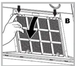 Diagram of a hand installing or adjusting a grid panel on a device, with no visible text or symbols.