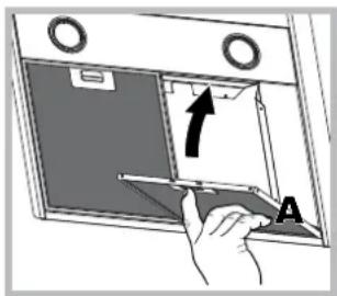 Diagram showing a hand pressing a component labeled 'A' with an arrow indicating direction, likely illustrating a mechanical or electrical process.