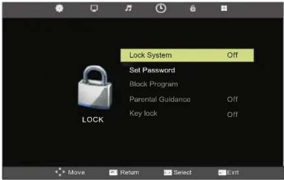 Lock System Set Password Block Program Parental Guidance Key lock OFF Off OK Move Return Select Exit