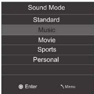 Sound Mode Standard Music Movie Sports Personal Enter Menu