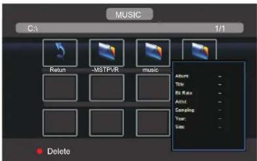 MUSIC C:\ 1/1 Return -MSTPVR music Album - Tile - Bit Rate - Artist - Sampling - Year: Size - Delete