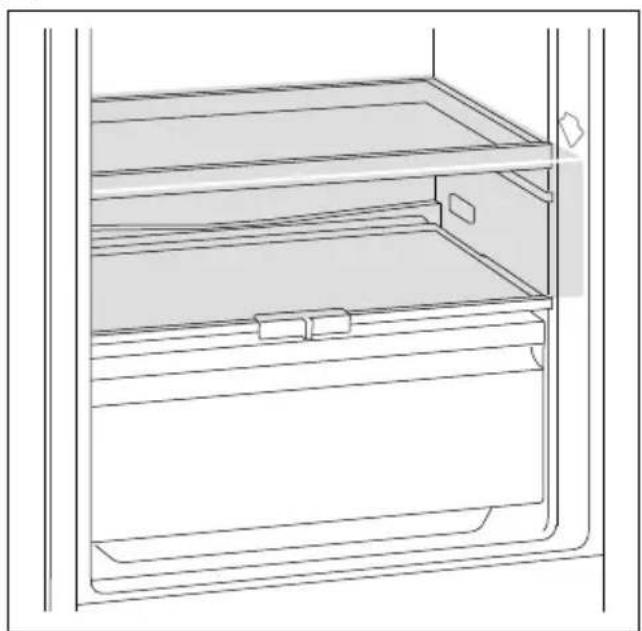 Line drawing of a refrigerator interior showing storage compartments and door frame (no text or symbols)