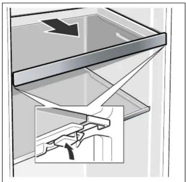 Diagram showing a door handle with an arrow indicating direction, and a magnified inset illustrating the interior mechanism (no text or symbols present)