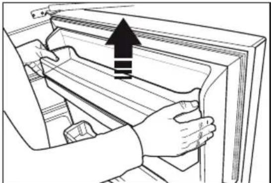 Illustration of hands installing or adjusting a refrigerator panel with an upward arrow (no text or symbols)