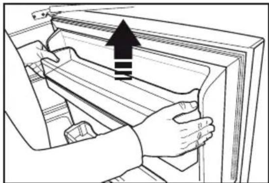 Line drawing of hands installing or adjusting a door panel with an upward arrow (no text or symbols).