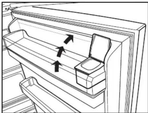Line drawing of a refrigerator interior showing door, toilet, and drawer with directional arrows indicating movement (no text or symbols)
