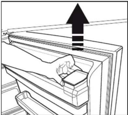 Line drawing of a hand cleaning a refrigerator with an upward arrow (no text or symbols).