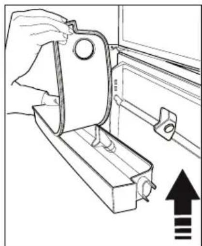 Line drawing of a hand holding a metal bracket with a pull rod, next to an upward arrow (no text or symbols).