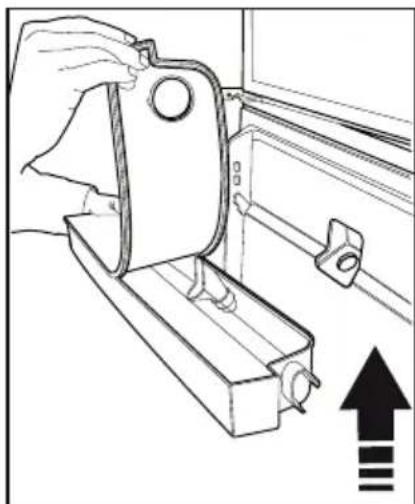 Line drawing of a hand holding a metal bracket with a pull rod, showing an upward arrow (no text or symbols)