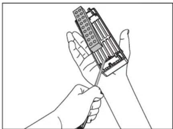 Line drawing of two hands using a handheld electronic device to interact (no text or symbols present)