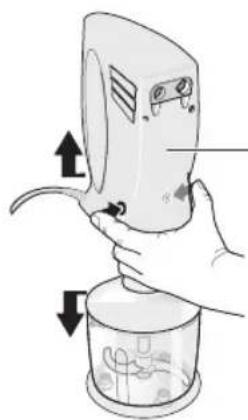 Illustration of a hand using a handheld device to press or install a container with arrows indicating motion (no text or symbols present)
