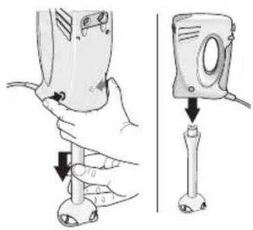 Illustration of a hand holding a small electronic device with a close-up view of its internal components (no text or symbols present)