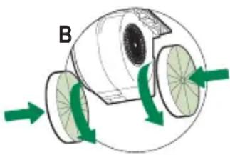 Diagram of a mechanical device with green arrows indicating rotational or directional motion (no text or symbols)