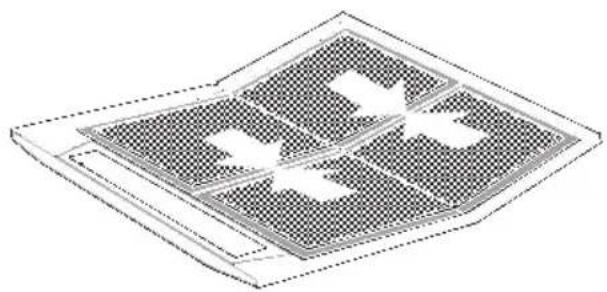Isometric view of a grid-patterned surface with four rectangular cutouts (no text or symbols)