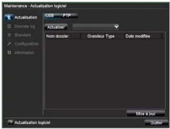 Maintenance - Actualisation logiciel Actualisation USB FTP Donnée log Standard Configuration Information Actualiser Nom dossier: Grandeur Type Data modifiée Mise à jour Actualisation logiciel Quitter