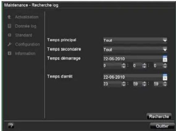 Maintenance - Recherche log Actualisation Donnée log Standard Configuration Information Temps principal Tout Temps secondaire Tout Temps démarrage 22-06-2010 0 0 0 Temps d'arrêt 22-06-2010 23 59 59 Recherche Quitter