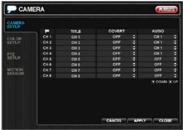 CAMERA CAMERA SETUP TITLE COVERT AUDIO CH 1 CH 1 OFF CH 1 CH 2 CH 2 OFF CH 1 CH 3 CH 3 OFF CH 1 CH 4 CH 4 OFF CH 1 CH 5 CH 5 OFF OFF CH 6 CH 6 OFF OFF CH 7 CH 7 OFF OFF CH 8 CH 8 OFF OFF MOTION SENSOR DOWN UP CANCEL APPLY CLOSE