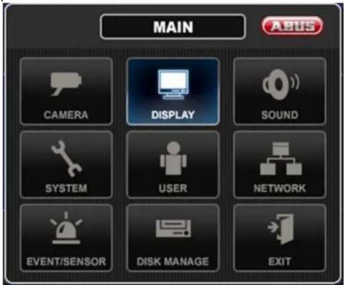 MAIN CAMERA DISPLAY SOUND SYSTEM USER NETWORK EVENT/SENSOR DISK MANAGE EXIT