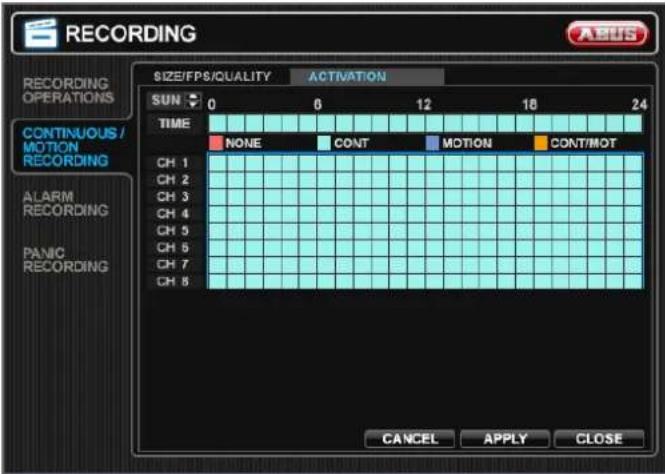RECORDING SIZE/FPS/QUALITY ACTIVATION SUN 0 6 12 18 24 TIME NONE CONT MOTION CONT/MOT CH 1 CH 2 CH 3 CH 4 CH 5 CH 5 CH 7 CH 8 CANCEL APPLY CLOSE CONTINUOUS / MOTION RECORDING ALARM RECORDING PANIC RECORDING
