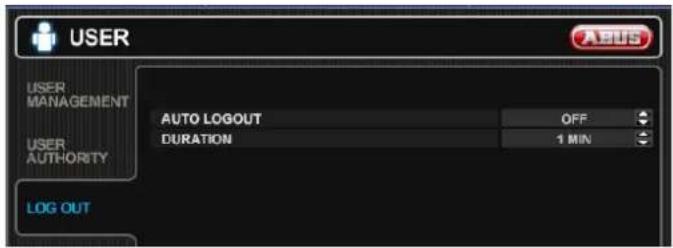 USER USER MANAGEMENT AUTO LOGOUT OFF DURATION 1 MIN USER AUTHORITY LOG OUT