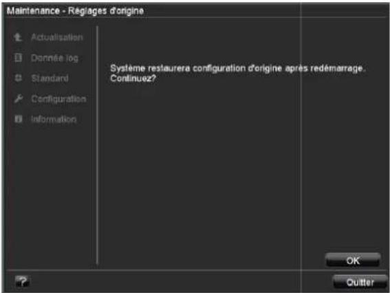 Maintenance - Régages d'origine Actualisation Donnée log Standard Configuration Information Système restaurera configuration d'origine après redémarrage. Continuez? OK Quitter