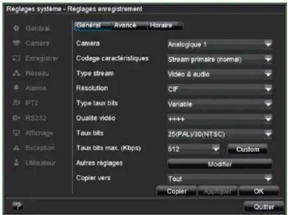 Réglages système - Réglages enregistrement Général Avance Horaire Camera Analogique 1 Codage caractéristiques Stream primaire (normal) Type stream Vidéo & audio Résolution CIF Type taux bits Variable Qualité vidéo ++++ Taux bits 25(PAL)/30(NTSC) Taux bits max. (Kbps) 512 Custom Autres réglages Modifier Copier vers Tout Copier Appliquer OK Quitter
