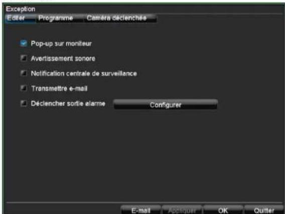 Exception Editor Programme Camera déclenchée ✓ Pop-up sur moniteur ✓ Avertissement sonore ✓ Notification centrale de surveillance ✓ Transmettre e-mail ✓ Déclencher sortie alarme Configurer E-mail Appliquer OK Quitter