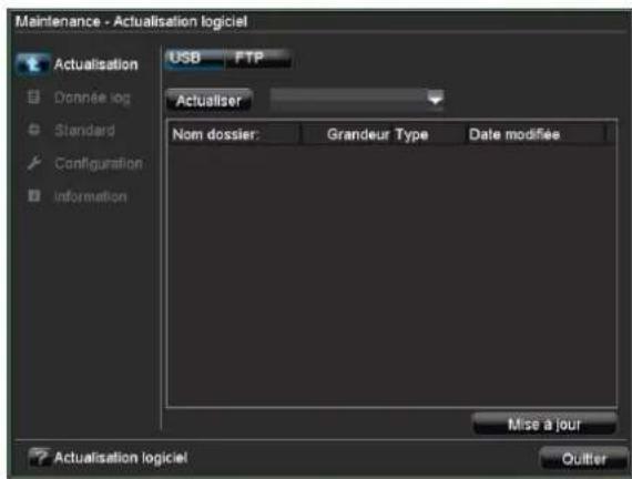 Maintenance - Actualisation logiciel Actualisation Donnée log Standard Configuration Information USB FTP Actualiser Nom dossier: Grandeur Type Data modifiée Mise à jour Actualisation logiciel Quitter
