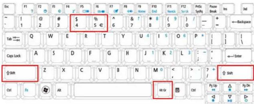 Esc F1 F2 F3 F4 F5 F6 F7 F8 F9 F10 F11 F12 F13 PrtSc Pause ~ 1 @ # $ % ^ & 7 * 8 ( 9 ) / — + - 1 2 3 4 5 € 6 7 8 9 0 — = ←Backspace Tab Q W E R T Y U 4 I 5 O 6 P * [ ] / Caps Lock A S D F G H J 1 K 2 L 3 : - * ←Enter Shift Z X C V B N M 0 < > ? + Shift Ctrl Fn Alt Alt Gr Ctrl Pg Up △ Pg Dn ◀ ▼ ▶ ▷ ○