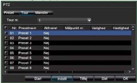 PTZ Preset Tour Monster Tour nr. 1 Nr.PresetnamAktiveretMålpunkt nr.Varighed Hastighed 01.Preset 1 Nej 02.Preset 2 Nej 03.Preset 3 Nej 04.Preset 4 Nej 05.Preset 5 Nej 06.Preset 6 Nej 07.Preset 7 Nej 08.Preset 8 Nej Start Indstill Tilfej Slot OK