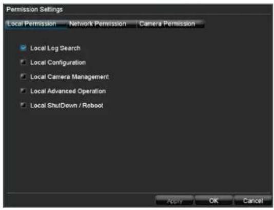 Permission Settings Local Permission — Network Permission — Camera Permission ✓ Local Log Search ✓ Local Configuration ✓ Local Camera Management ✓ Local Advanced Operation ✓ Local ShutDown / Reboot Apply OK Cancel