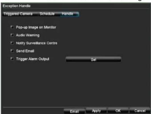 Exception Handle Triggered Camera Schedule Handle Pop-up Image on Monitor Audio Warning Notify Surveillance Centre Send Email Trigger Alarm Output Set Email Apply OK Cancel