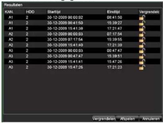 Resultaten KAN. HDD Startijd Eindlijd Vergrendelc A1 2 30-12-2009 00:00:02 08:41:50 A1 2 30-12-2009 00:41:50 15:39:27 A1 2 30-12-2009 15:41:38 17:21:47 A2 2 30-12-2009 00:00:03 07:17:54 A2 2 30-12-2009 07:17:54 15:39:55 A2 2 30-12-2009 15:41:40 17:21:39 A3 2 30-12-2009 00:00:03 00:47:47 A3 2 30-12-2009 00:47:47 15:39:51 A3 2 30-12-2009 15:41:41 15:47:26 A3 2 30-12-2009 15:47:26 17:21:23 Vergrendelen - Afsplen - Annulieren
