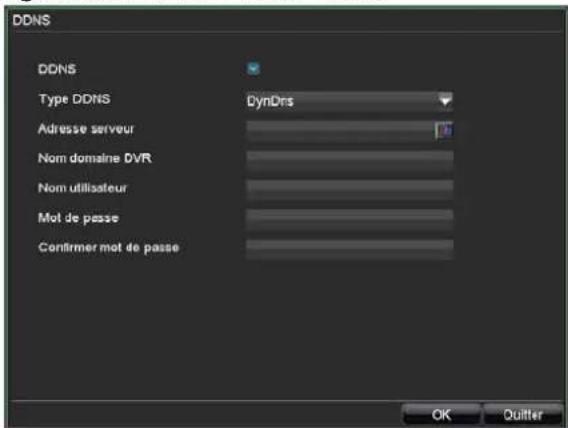 DDNS DDNS Type DDNS DynDrs Adresse serveur Nom domaine DVR Nom utilisateur Mot de passe Contrimer mot de passe OK Quitter