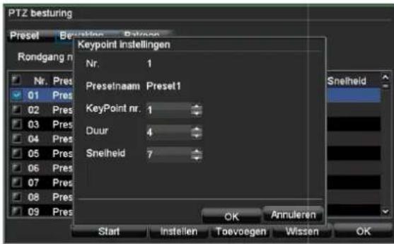PTZ besturing Preset Bestanding Balance Rondgang m Nr. Pres 01 Pres 02 Pres 03 Pres 04 Pres 05 Pres 06 Pres 07 Pres 08 Pres 09 Pres Keypoint instellingen Nr. 1 Presetnaam Preset1 KeyPoint nr. 1 Duur 4 Snelheid 7 Start Instellen Toevoegen Wissen OK Annulieren