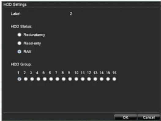 HDD Settings Label 2 HDD Status: ● Redundancy ● Read-only ○ R/W HDD Group: 1 2 3 4 5 6 7 8 9 10 11 12 13 14 15 16 OK Cancel